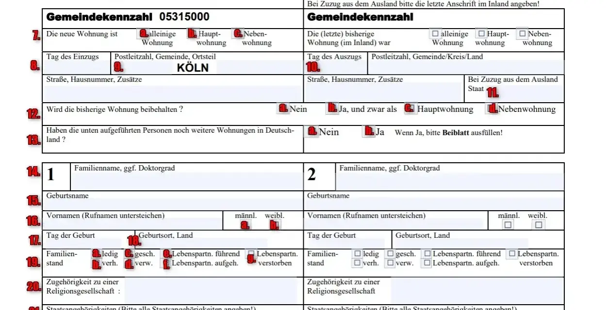 Formular Anmeldung zur Wohnung mit Feldern für neue und bisherige Wohnung, persönliche Daten und Ausweise.