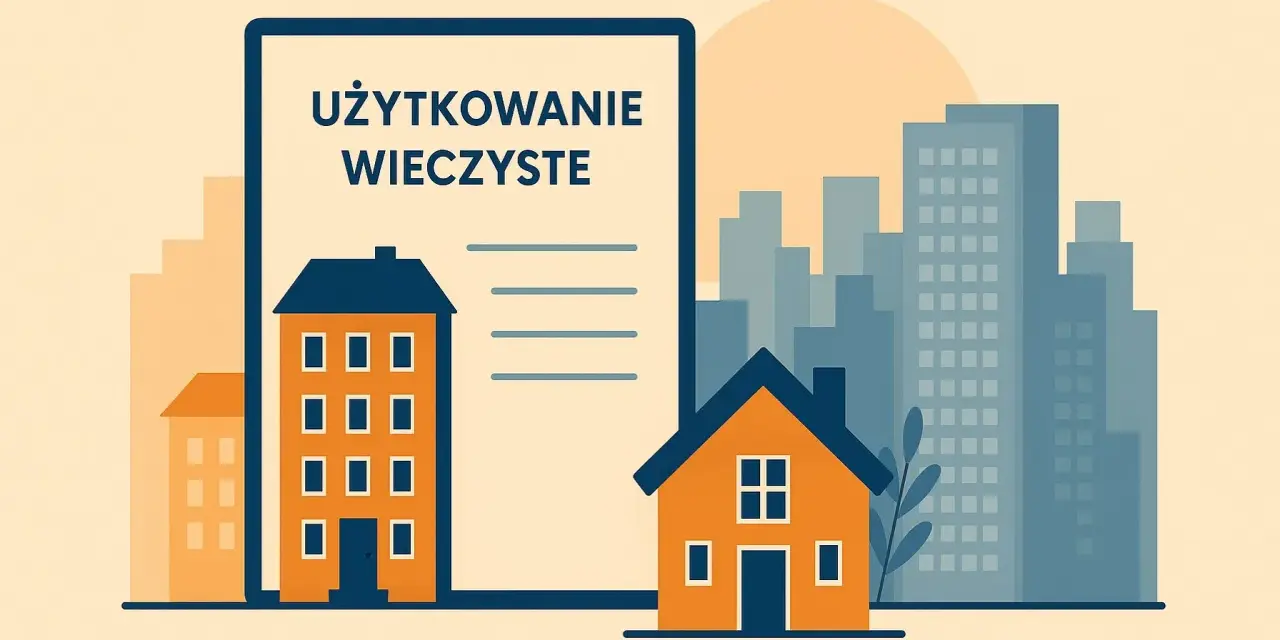 Dokument z napisem "UŻYTKOWANIE WIECZYSTE" obok domków i wieżowców.