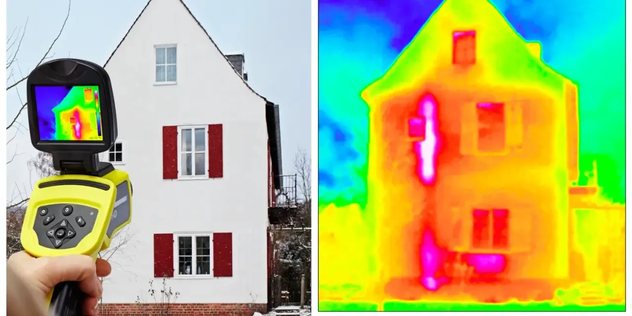 Kamera termowizyjna pokazuje dom, uwidaczniając **mostki termiczne** jako jasne, gorące plamy.