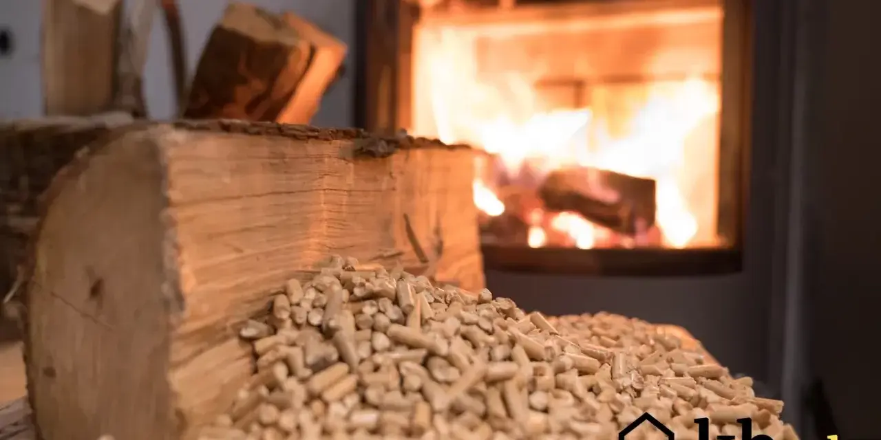 Piec na pellet i drewno w akcji. Ciepło z paleniska ogrzewa stos polan i pelletu.