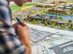 Architekt analizuje model urbanistyczny, planując rozwój terenu. To właśnie mpzp co to za dokument, który określa przeznaczenie działek.