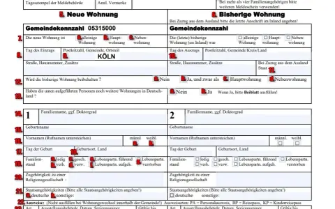 Formular Anmeldung zur Wohnung mit Feldern für neue und bisherige Wohnung, persönliche Daten und Ausweise.