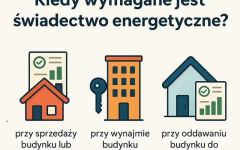 Świadectwo energetyczne budynku jest wymagane przy sprzedaży, wynajmie lub oddaniu budynku do użytkowania. Grafika pokazuje te sytuacje.