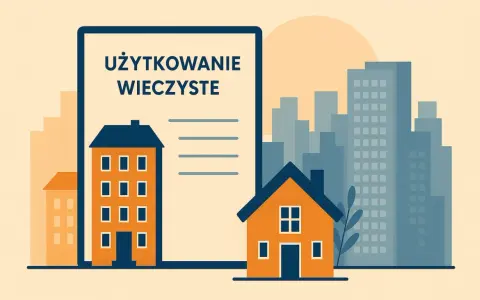 Dokument z napisem "UŻYTKOWANIE WIECZYSTE" obok domków i wieżowców.