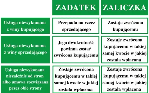 Tabela porównuje zaliczkę i zadatek: kiedy usługa niewykonana, kto traci pieniądze, a kto je odzyskuje.