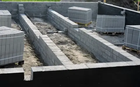 Budowa fundamentów z bloczków betonowych, przygotowanie pod izolację pionową fundamentów.