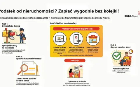Ilustracja pokazuje 4 kroki do zapłaty podatku od nieruchomości: odbiór decyzji, sprawdzenie danych, wybór metody płatności (przelew, aplikacja, poczta, opłatomat) i potwierdzenie zapłaty.