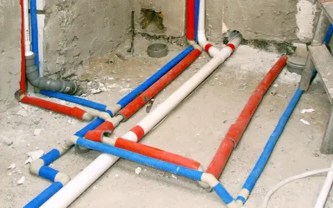 Skomplikowana instalacja cwu z rurami w kolorach czerwonym, niebieskim i białym, prowadząca do przyszłej łazienki.