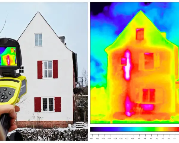 Kamera termowizyjna pokazuje dom, uwidaczniając **mostki termiczne** jako jasne, gorące plamy.