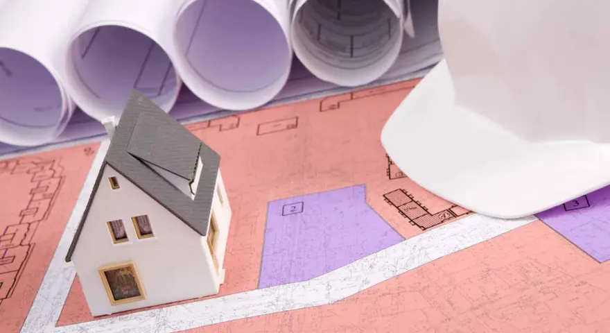 Model domu na planach, biały kask budowlany i zwoje dokumentacji. Rozważanie służebności gruntowej przy planowaniu inwestycji.