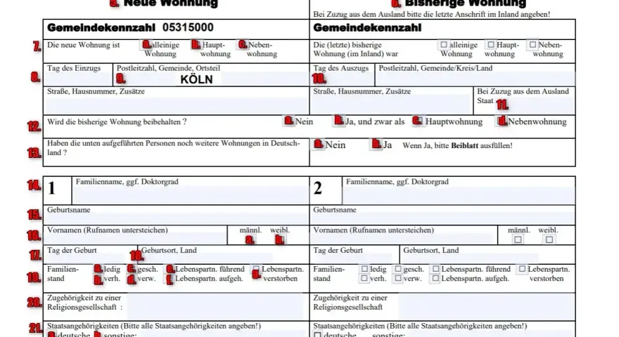 Formular Anmeldung zur Wohnung mit Feldern für neue und bisherige Wohnung, persönliche Daten und Ausweise.