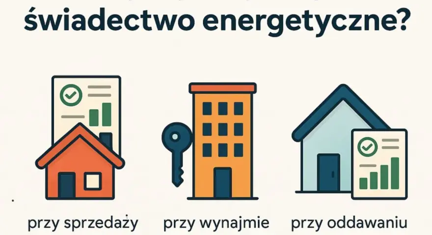 Świadectwo energetyczne budynku jest wymagane przy sprzedaży, wynajmie lub oddaniu budynku do użytkowania. Grafika pokazuje te sytuacje.