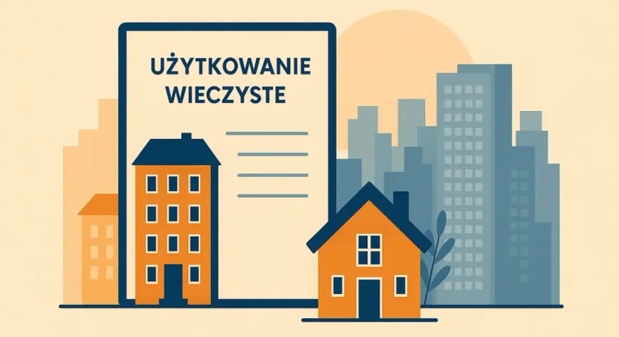 Dokument z napisem "UŻYTKOWANIE WIECZYSTE" obok domków i wieżowców.