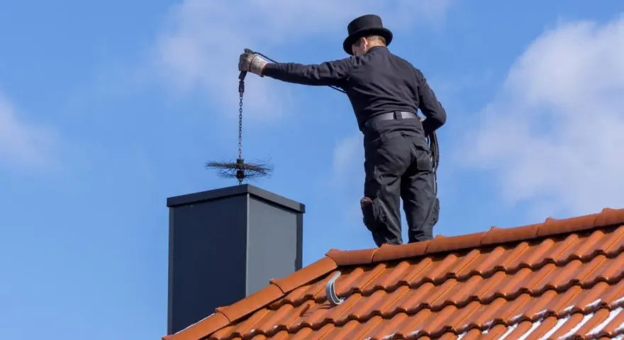 Kominiarz w czapce na dachu czyści komin. Zastanawiasz się, ile kosztuje przegląd kominiarski?