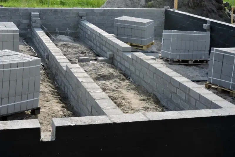 Budowa fundamentów z bloczków betonowych, przygotowanie pod izolację pionową fundamentów.