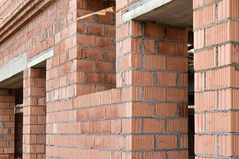 Ściany z pustaków ceramicznych w trakcie budowy. Widoczne różne rodzaje pustaków, tworzące solidną konstrukcję.
